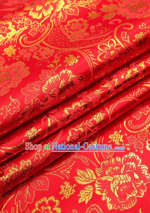 Chinese Traditional Satin Classical Golden Peony Pattern Design Red Brocade Fabric Tang Suit Material Drapery