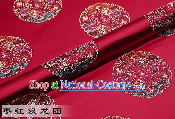 Chinese Traditional Purplish Red Satin Classical Dragons Pattern Design Brocade Fabric Tang Suit Material Drapery