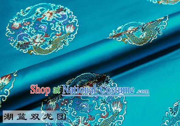 Chinese Traditional Blue Satin Classical Dragons Pattern Design Brocade Fabric Tang Suit Material Drapery