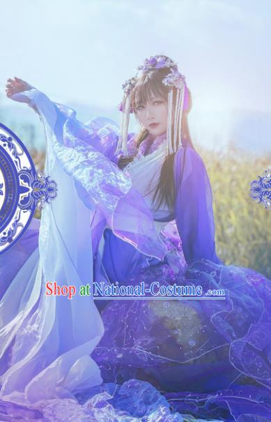 Chinese Ancient Cosplay Costumes Traditional Princess Embroidered Hanfu Clothing and Headpiece Complete Set