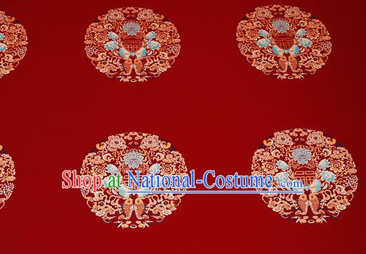 Top Grade Double Fishes Pattern Red Brocade Chinese Traditional Garment Fabric Cushion Satin Material Drapery