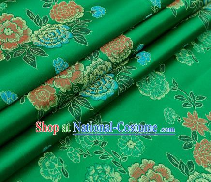 Top Grade Classical Peony Pattern Green Brocade Chinese Traditional Garment Fabric Qipao Dress Satin Material Drapery