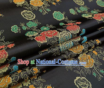 Top Grade Classical Peony Pattern Black Brocade Chinese Traditional Garment Fabric Qipao Dress Satin Material Drapery