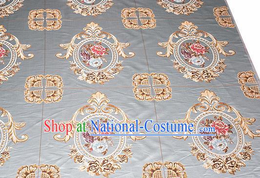 Top Grade Classical Flocked Peony Pattern Blue Brocade Chinese Traditional Garment Fabric Cushion Satin Material Drapery