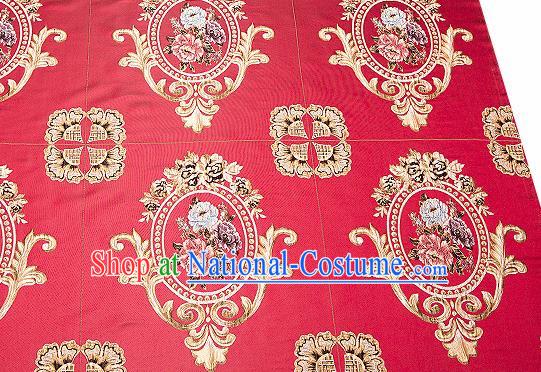 Top Grade Classical Flocked Peony Pattern Red Brocade Chinese Traditional Garment Fabric Cushion Satin Material Drapery