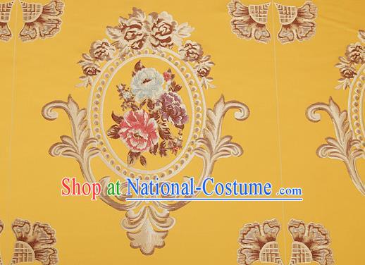 Top Grade Classical Flocked Peony Pattern Yellow Brocade Chinese Traditional Garment Fabric Cushion Satin Material Drapery