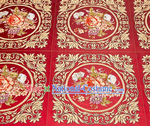 Top Grade Classical Peony Flowers Pattern Red Brocade Chinese Traditional Garment Fabric Cushion Satin Material Drapery