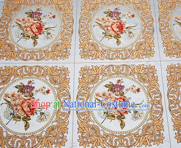 Top Grade Classical Peony Flowers Pattern Blue Brocade Chinese Traditional Garment Fabric Cushion Satin Material Drapery