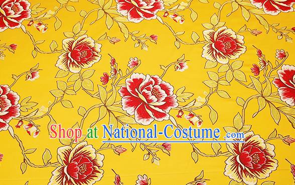 Top Grade Classical Peony Pattern Yellow Brocade Chinese Traditional Garment Fabric Cushion Satin Material Drapery