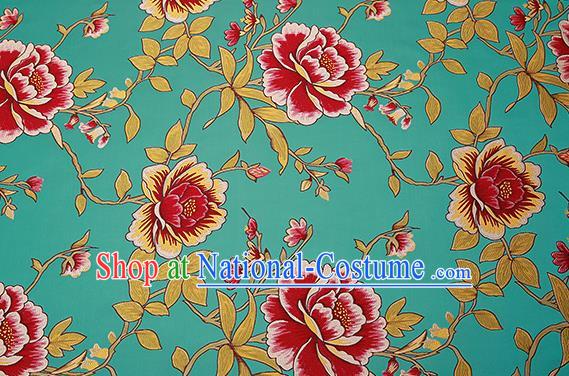 Top Grade Classical Peony Pattern Green Brocade Chinese Traditional Garment Fabric Cushion Satin Material Drapery