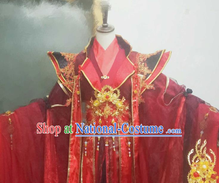 Chinese Ancient Cosplay Wedding Costumes Traditional Princess Embroidered Red Hanfu Dress and Headpiece Complete Set