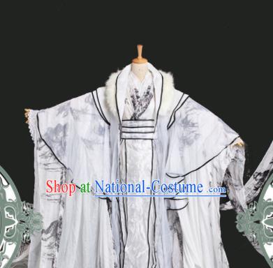 Chinese Ancient Cosplay Swordsman White Costumes Traditional Royal Highness Nobility Childe Clothing for Men