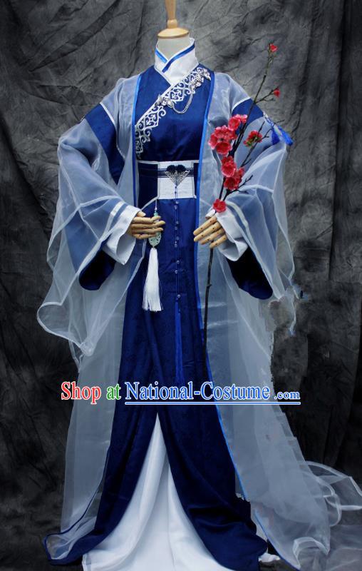 Chinese Ancient Cosplay Swordsman Blue Costumes Traditional Prince Hanfu Clothing for Men