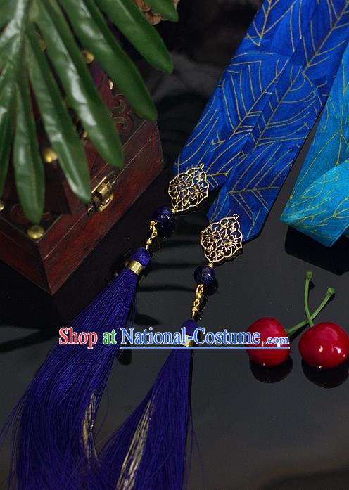 Top Grade Chinese Handmade Blue Silk Headband Ancient Hanfu Hair Accessories for Women