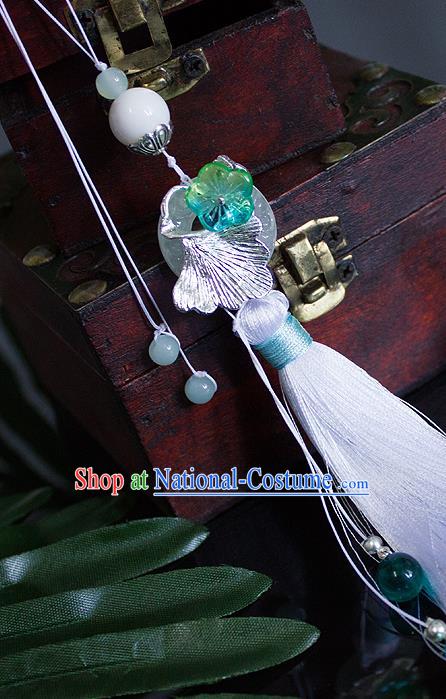 Chinese Traditional Handmade Waist Accessories Palace White Tassel Ginkgo Jade Pendant for Men