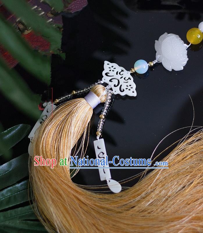 Chinese Traditional Handmade Waist Accessories Palace Yellow Tassel Lotus Jade Pendant for Men