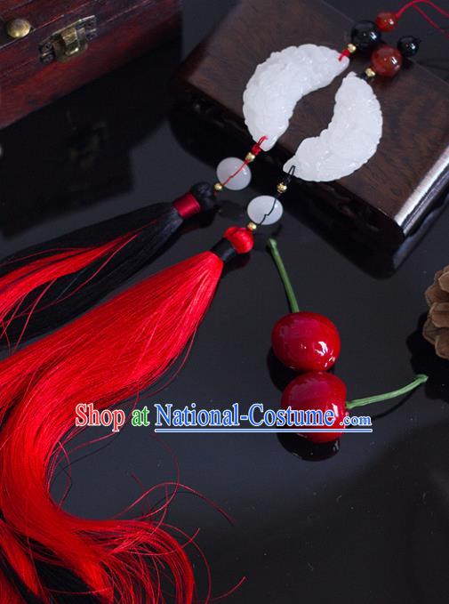 Chinese Traditional Handmade Red Tassel Waist Accessories Palace Moon Jade Pendant for Men