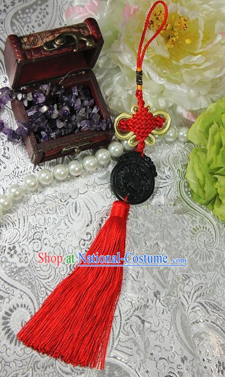 Chinese Traditional Handmade Red Tassel Waist Accessories Palace Black Jade Pendant for Men