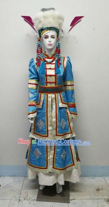 Chinese Ethnic Costumes Traditional Mongolian Nationality Embroidered Blue Dress and Hat for Women