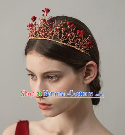 Top Grade Handmade Red Flowers Royal Crown Hair Accessories for Women