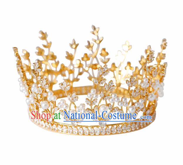 Top Grade Handmade Bride Pearls Golden Royal Crown Hair Accessories for Women