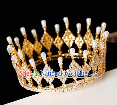 Top Grade Handmade Bride Golden Crystal Pearls Royal Crown Hair Accessories for Women