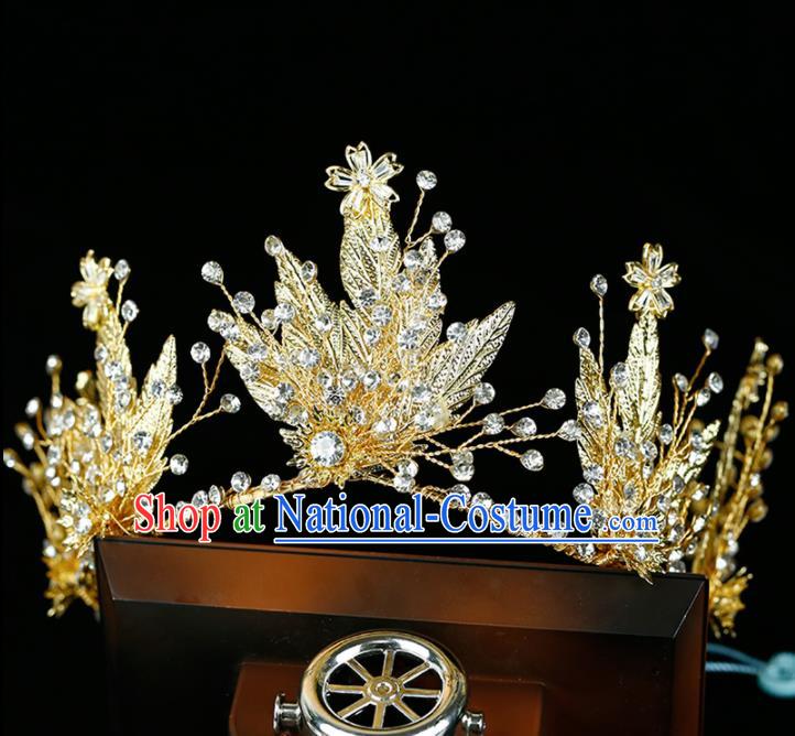 Top Grade Handmade Bride Golden Leaf Royal Crown Baroque Princess Hair Accessories for Women