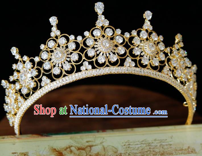 Top Grade Handmade Bride Zircon Golden Royal Crown Baroque Princess Hair Accessories for Women