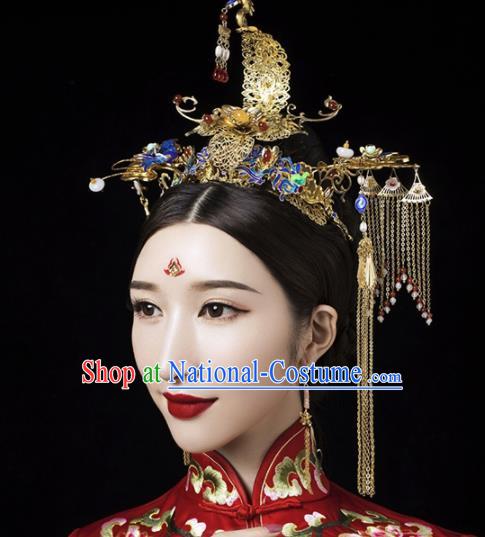 Chinese Traditional Queen Cloisonne Phoenix Coronet Hairpins Ancient Handmade Xiuhe Suit Hair Accessories for Women