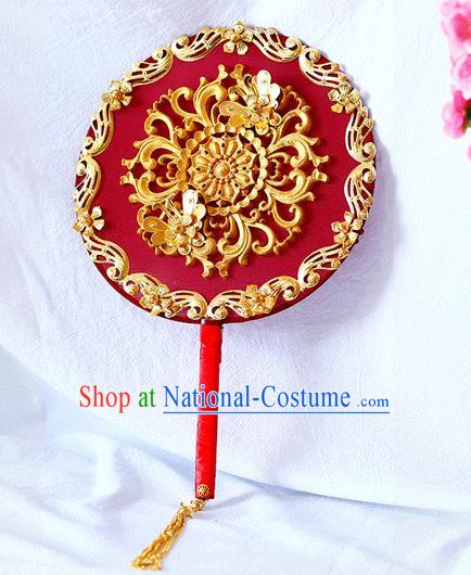 Chinese Traditional Wedding Round Fans Ancient Bride Handmade Red Palace Fans for Women