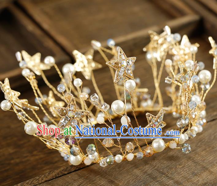 Top Grade Handmade Bride Crystal Stars Pearls Royal Crown Baroque Hair Accessories for Women