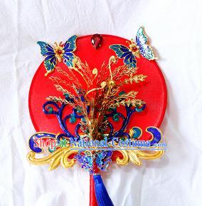 Chinese Traditional Wedding Cloisonne Butterfly Round Fans Ancient Bride Handmade Red Palace Fans for Women