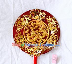 Chinese Traditional Wedding Carving Dragon Round Fans Ancient Bride Handmade Red Palace Fans for Women