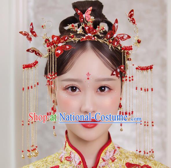 Chinese Traditional Xiuhe Suit Handmade Red Butterfly Phoenix Coronet Ancient Bride Hairpins Hair Accessories for Women