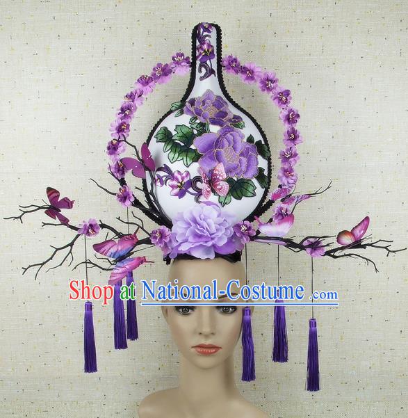 Top Grade Chinese Handmade Headdress Traditional Purple Flowers Vase Hair Accessories for Women