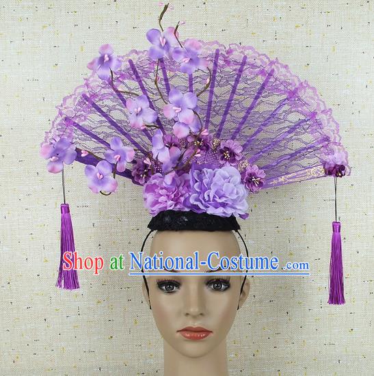 Top Grade Chinese Handmade Lace Headdress Traditional Purple Flowers Hair Accessories for Women