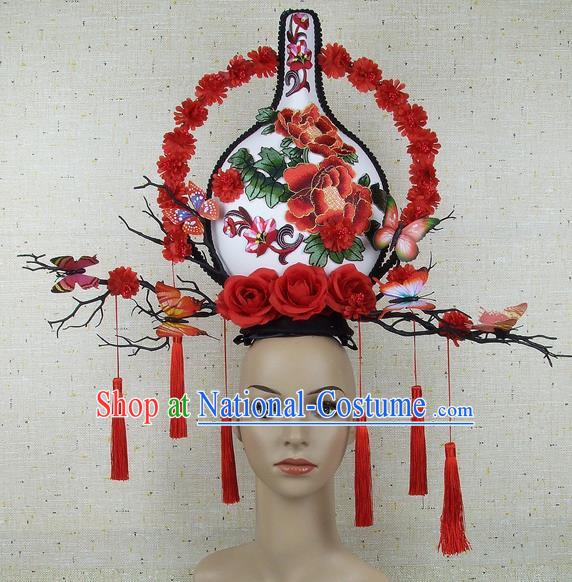 Top Grade Chinese Handmade Lace Headdress Traditional Red Flowers Vase Hair Accessories for Women