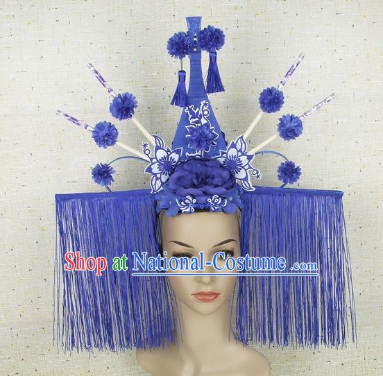 Top Grade Chinese Handmade Blue Lute Tassel Headdress Traditional Hair Accessories for Women