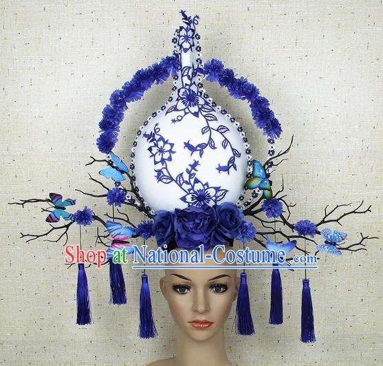 Top Grade Chinese Handmade Blue Butterfly Vase Headdress Traditional Hair Accessories for Women