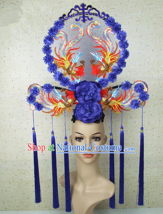 Top Grade Chinese Handmade Blue Peony Phoenix Headdress Traditional Hair Accessories for Women