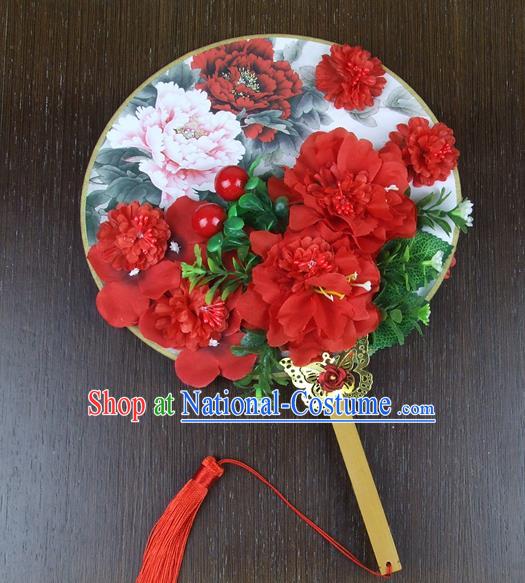 Chinese Traditional Wedding Red Peony Round Fans Ancient Bride Handmade Palace Fans for Women