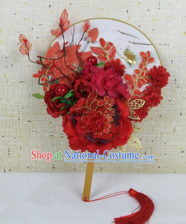 Chinese Traditional Wedding Red Peony Silk Round Fans Ancient Bride Handmade Palace Fans for Women