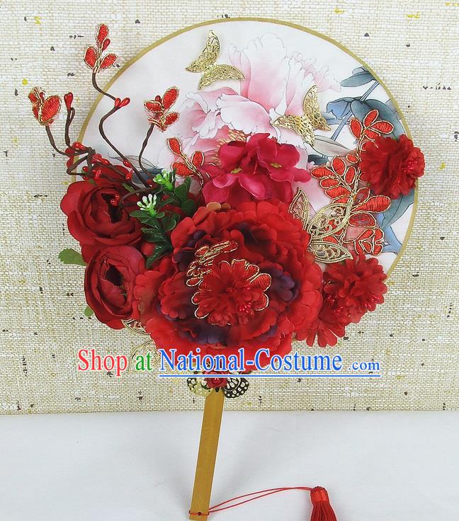 Chinese Traditional Wedding Red Peony Flowers Round Fans Ancient Bride Handmade Palace Fans for Women