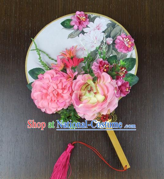 Chinese Traditional Wedding Pink Peony Flowers Round Fans Ancient Bride Handmade Palace Fans for Women