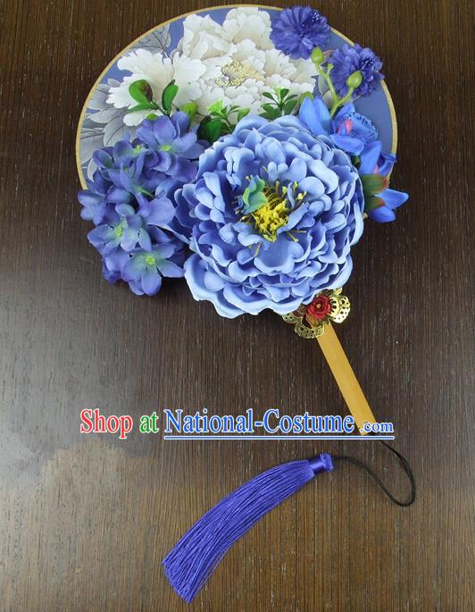 Chinese Traditional Wedding Blue Peony Round Fans Ancient Bride Handmade Palace Fans for Women