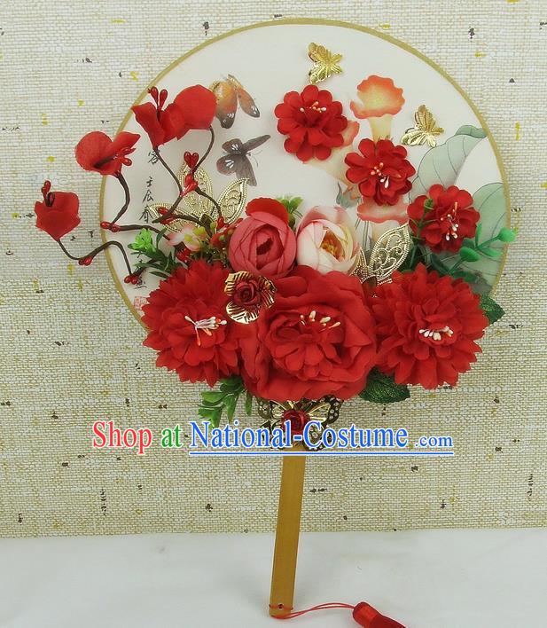 Chinese Traditional Wedding Round Fans Ancient Bride Handmade Red Flowers Palace Fans for Women