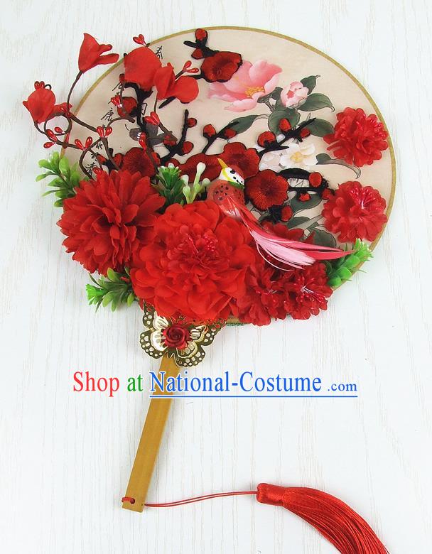 Chinese Traditional Wedding Embroidered Round Fans Ancient Bride Handmade Red Peony Palace Fans for Women