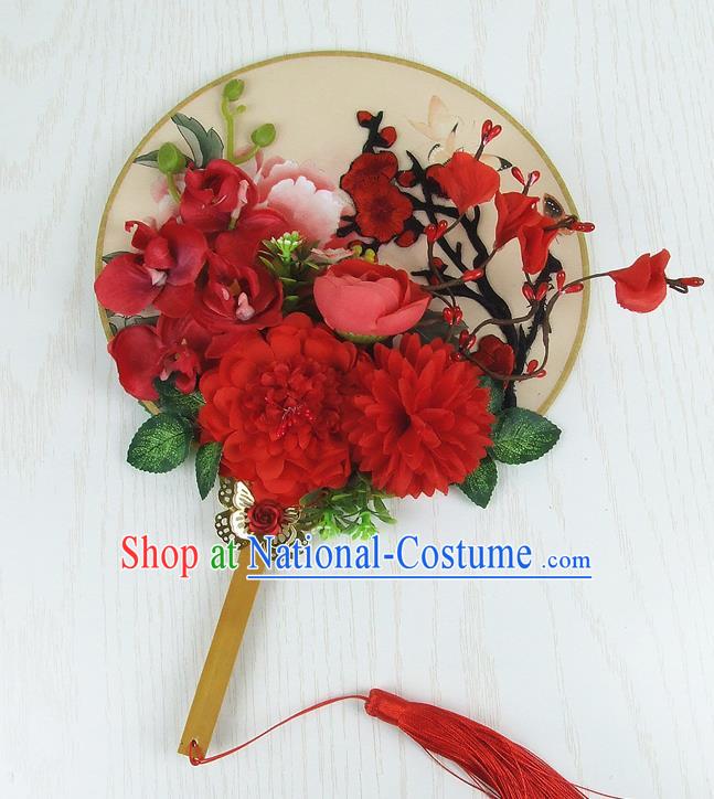 Chinese Traditional Wedding Round Fans Ancient Bride Handmade Red Peony Embroidered Palace Fans for Women