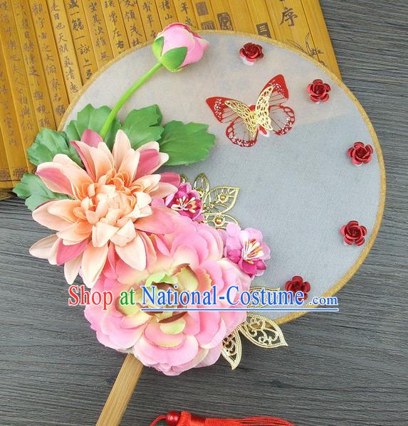 Chinese Traditional Wedding Pink Lotus Round Fans Ancient Bride Handmade Palace Fans for Women