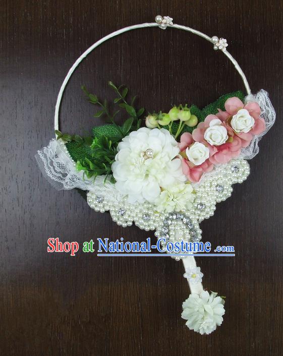 Chinese Traditional Wedding White Round Fans Ancient Bride Handmade Pearls Palace Fans for Women